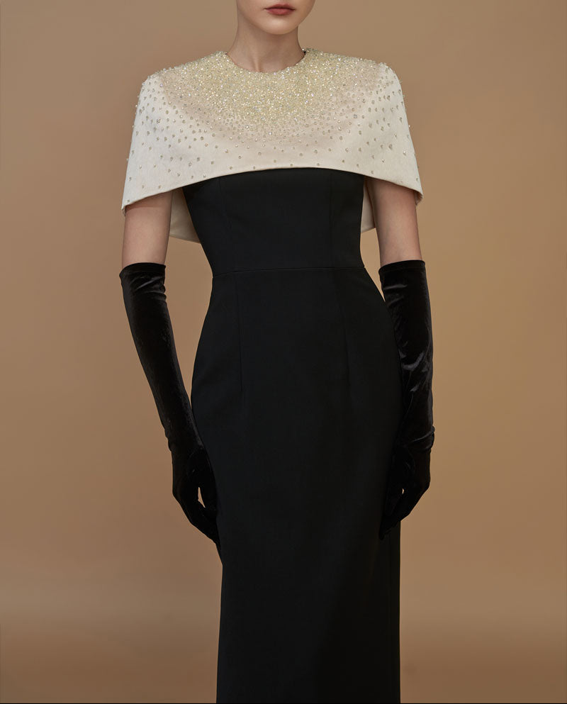 embellished mini-cape gown with column silhouette – BEATRICE