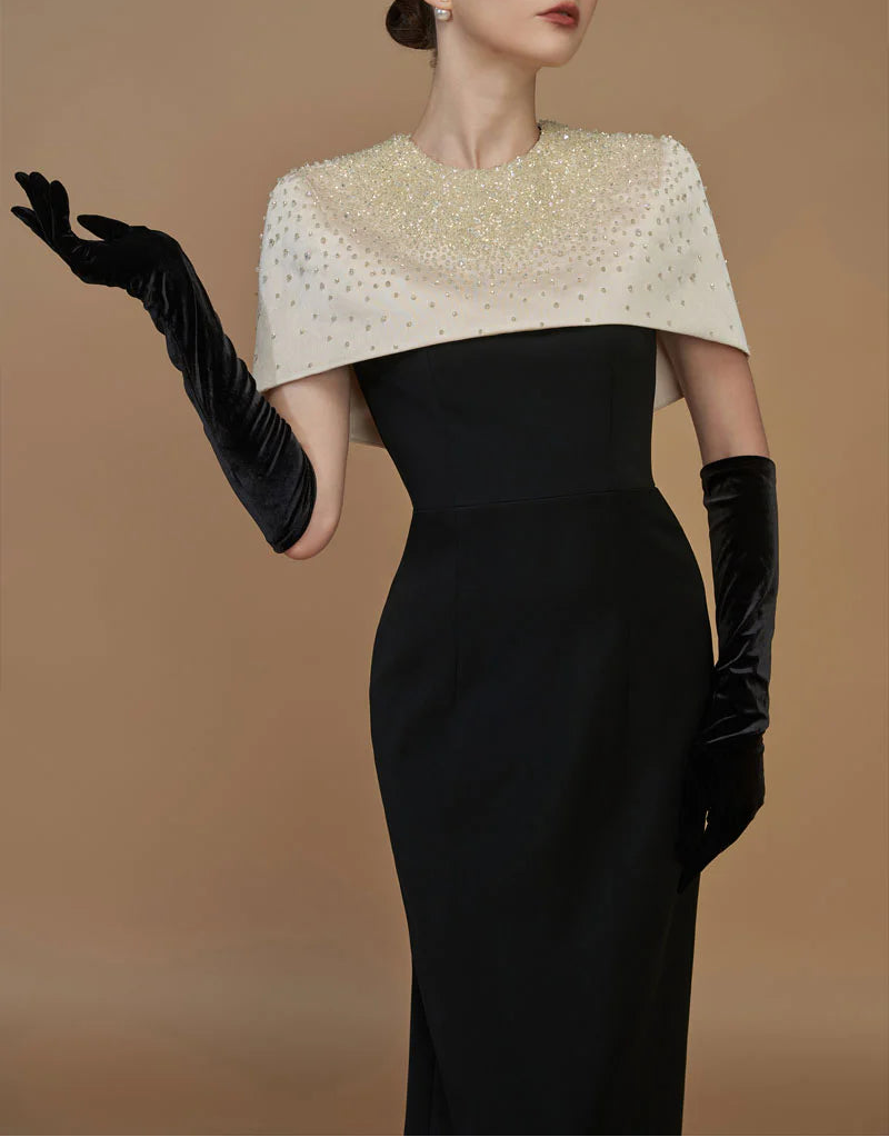 embellished mini-cape gown with column silhouette – BEATRICE