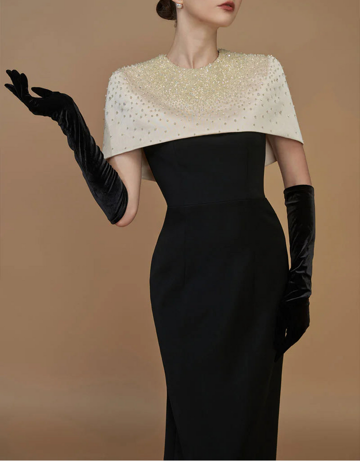 embellished mini-cape gown with column silhouette – BEATRICE
