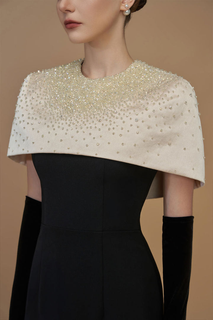 embellished mini-cape gown with column silhouette – BEATRICE