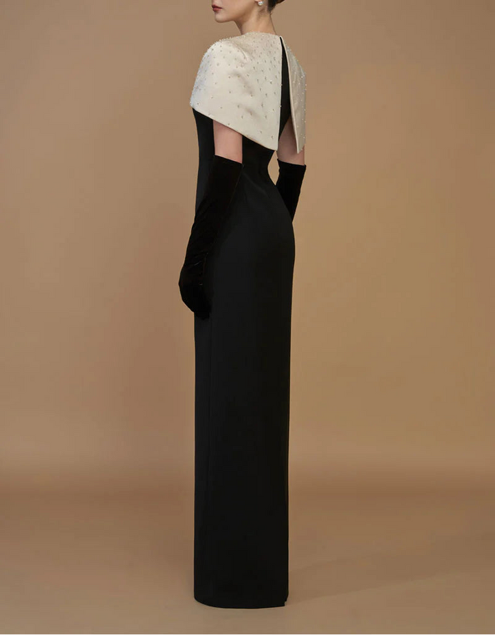 embellished mini-cape gown with column silhouette – BEATRICE