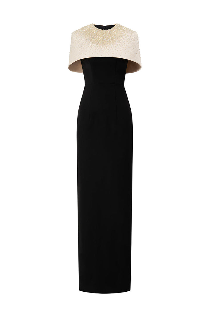 embellished mini-cape gown with column silhouette – BEATRICE