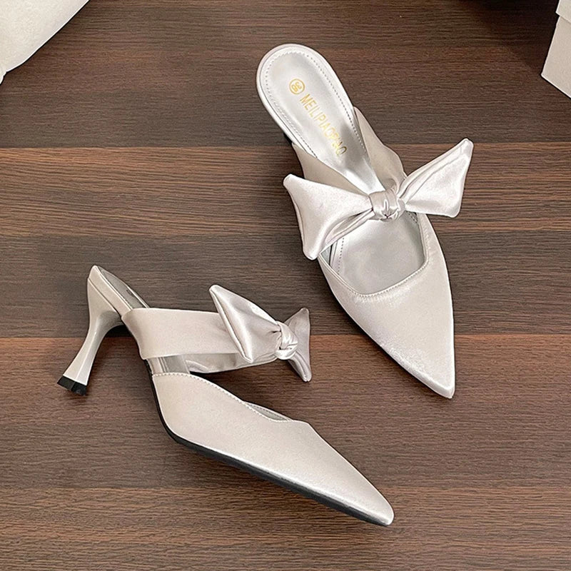 satin pointed-toe mules with bow strap - SOFIA