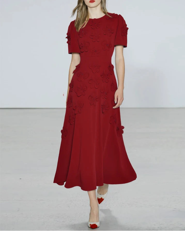 short-sleeve midi dress with 3D floral appliqués - BLOOMIQ