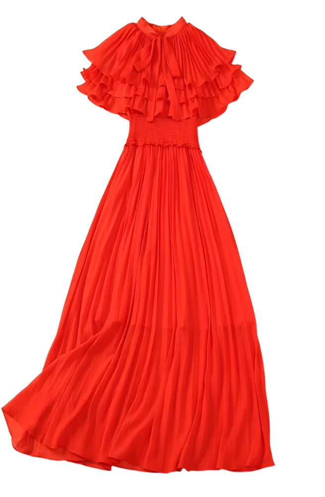 pleated chiffon gown with layered ruffle cape - MAELLE