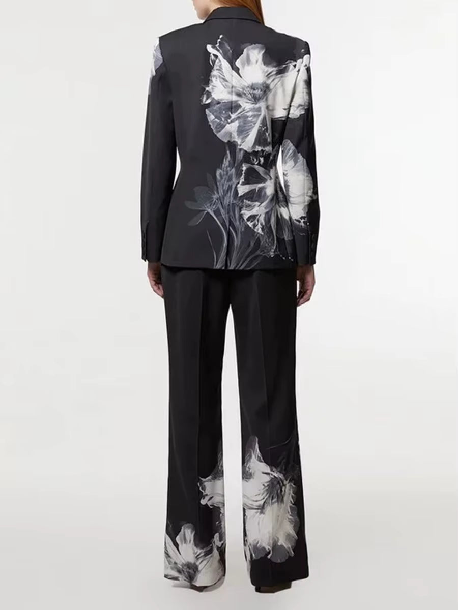 tailored blazer and wide-leg pants set with floral print – NOIRWO