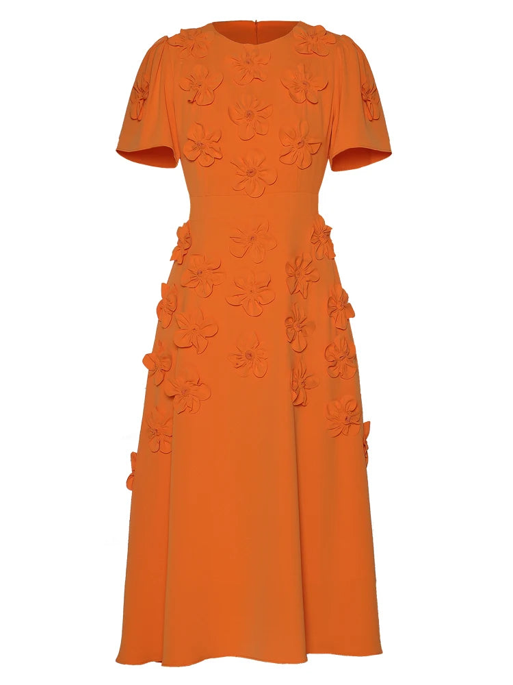 short-sleeve midi dress with 3D floral appliqués - BLOOMIQ