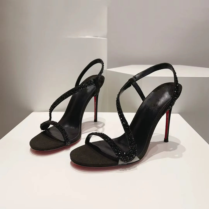 asymmetric rhinestone strap stiletto sandals – SELENEVRI