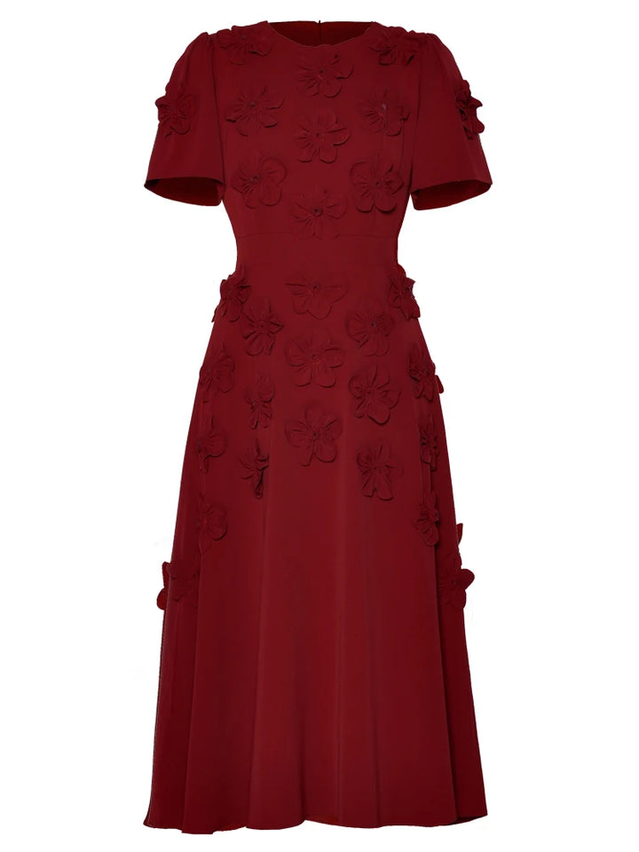 short-sleeve midi dress with 3D floral appliqués - BLOOMIQ