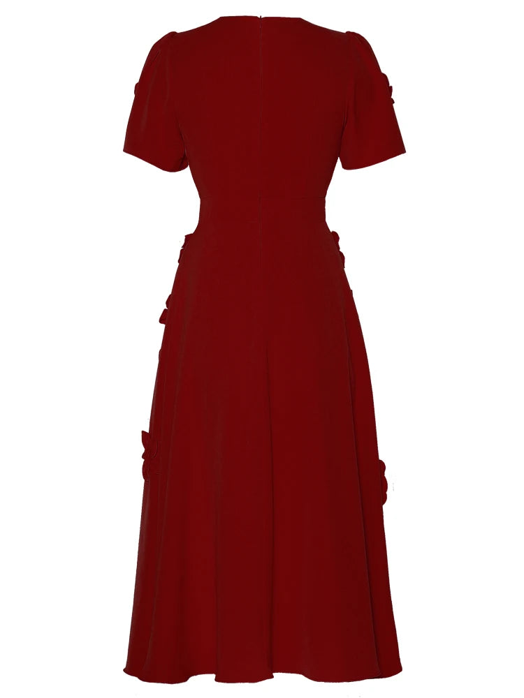 short-sleeve midi dress with 3D floral appliqués - BLOOMIQ