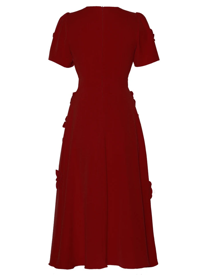 short-sleeve midi dress with 3D floral appliqués - BLOOMIQ