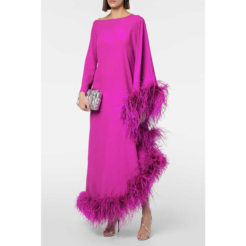 asymmetric gown with feather trim – VIVID