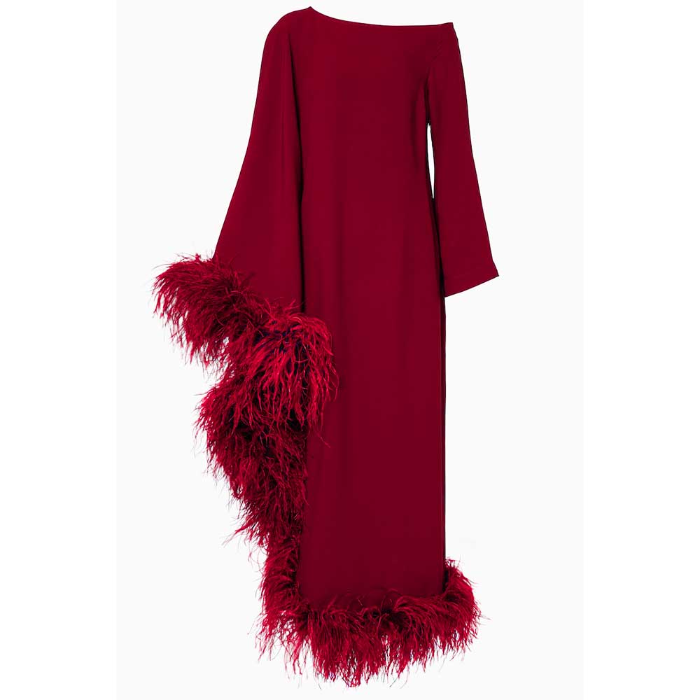 asymmetric gown with feather trim – VIVID