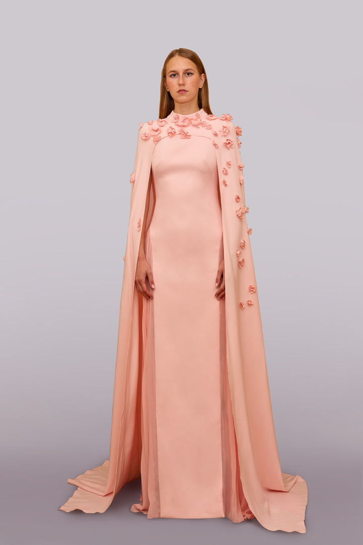 high-neck cape column gown with floral appliqué – PEONIA