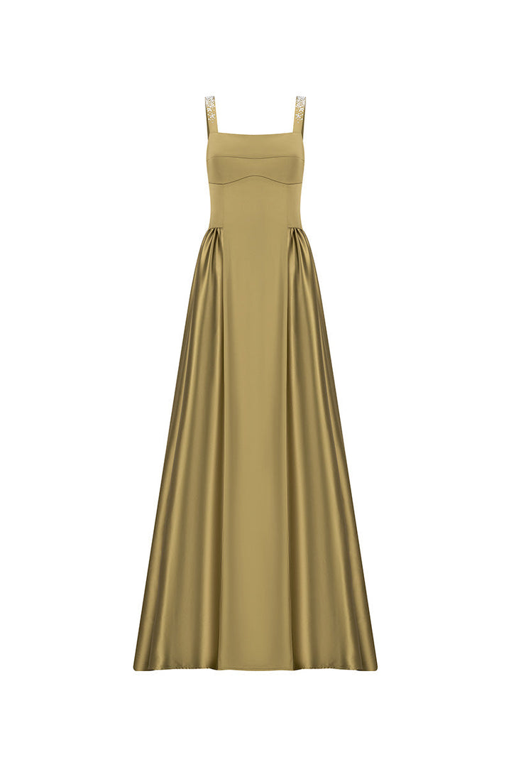 فستان سهرة ساتان بحزام مزخرف – جولدين