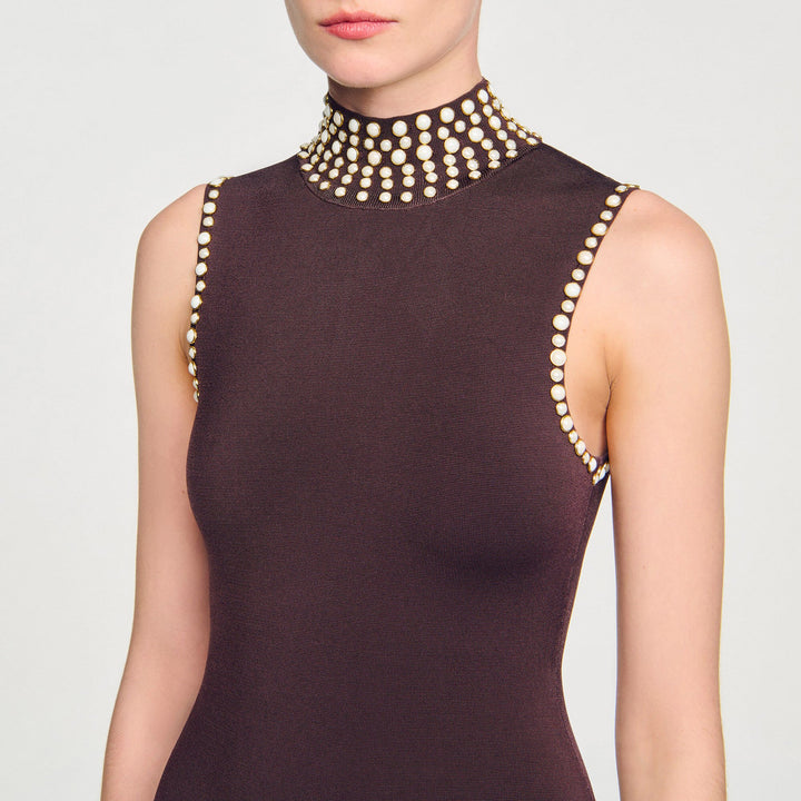 Sleeveless Midi Dress with Embellished High Neck & Fringe Hem – SERENA