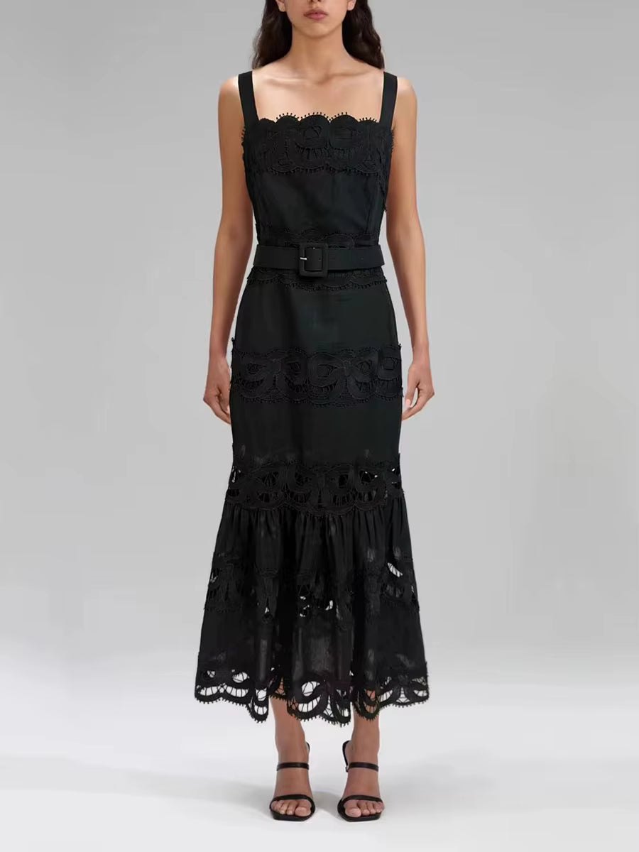 sleeveless lace-panel midi dress with belted waist – CELITERDU