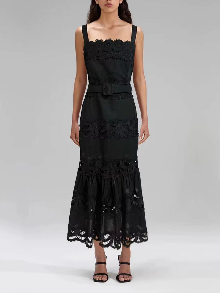 sleeveless lace-panel midi dress with belted waist – CELITERDU
