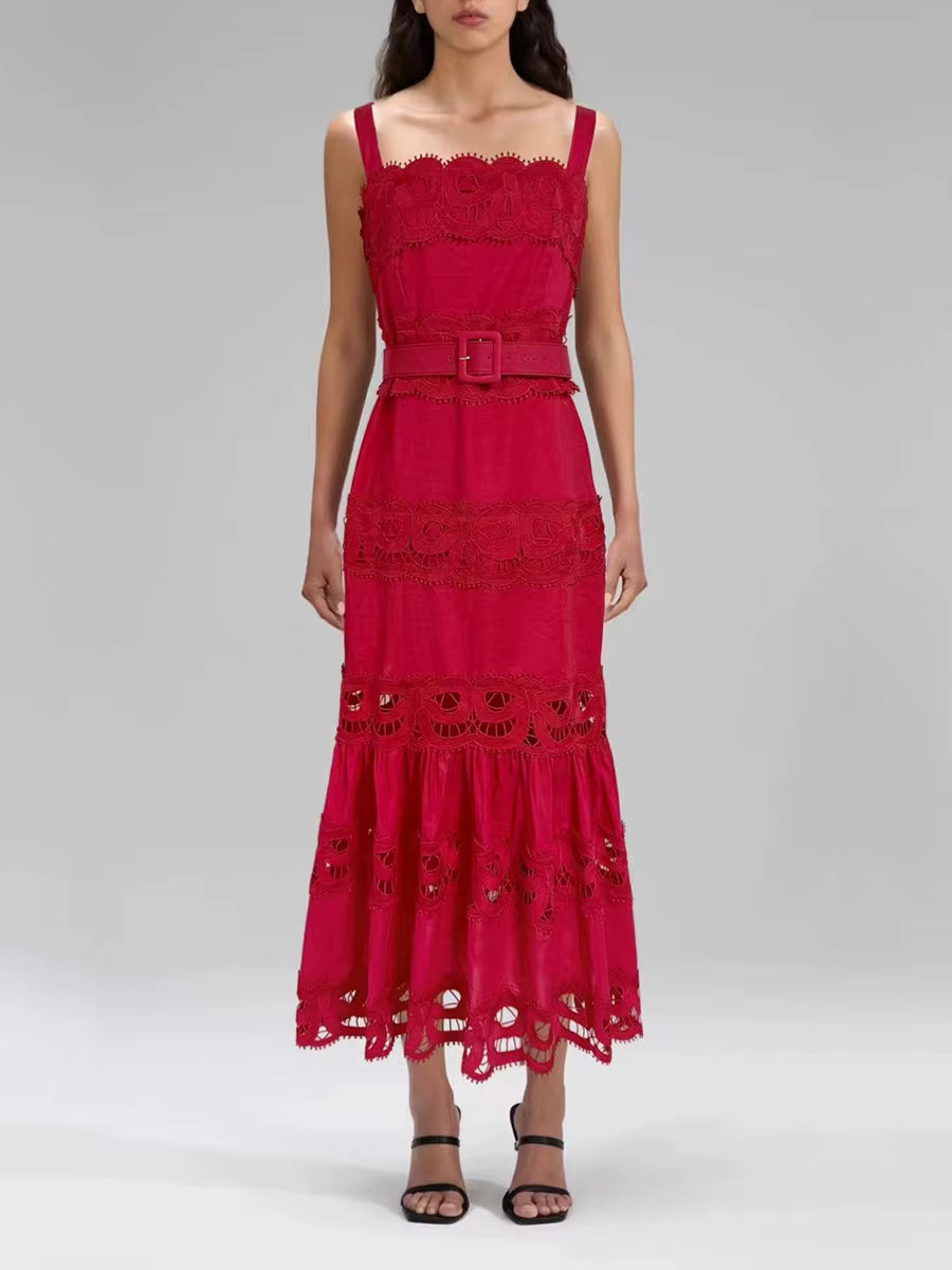sleeveless lace-panel midi dress with belted waist – CELITERDU