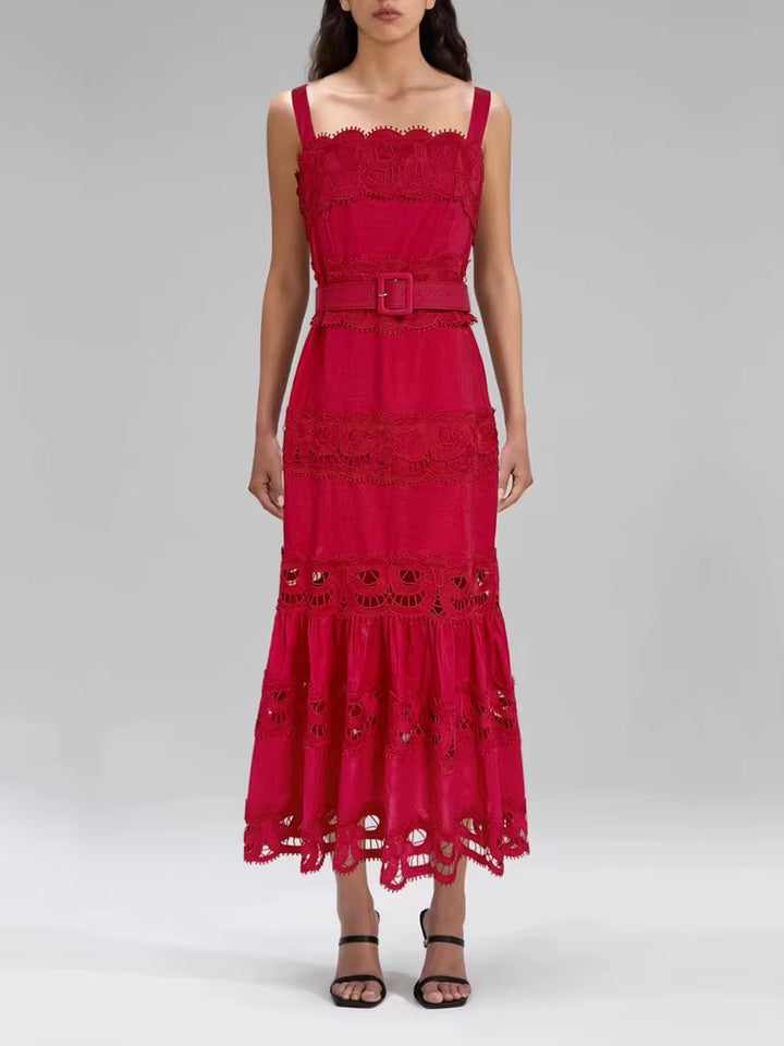 sleeveless lace-panel midi dress with belted waist – CELITERDU