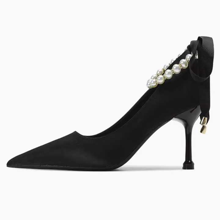 high-heeled stiletto shoe with pearls strap