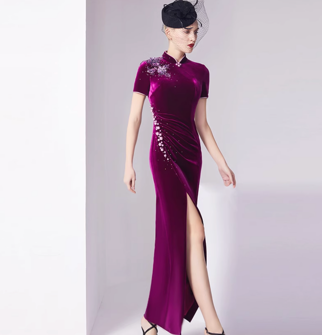 costume évasé sur mesure avec manches bouffantes en satin – VALENCIA 