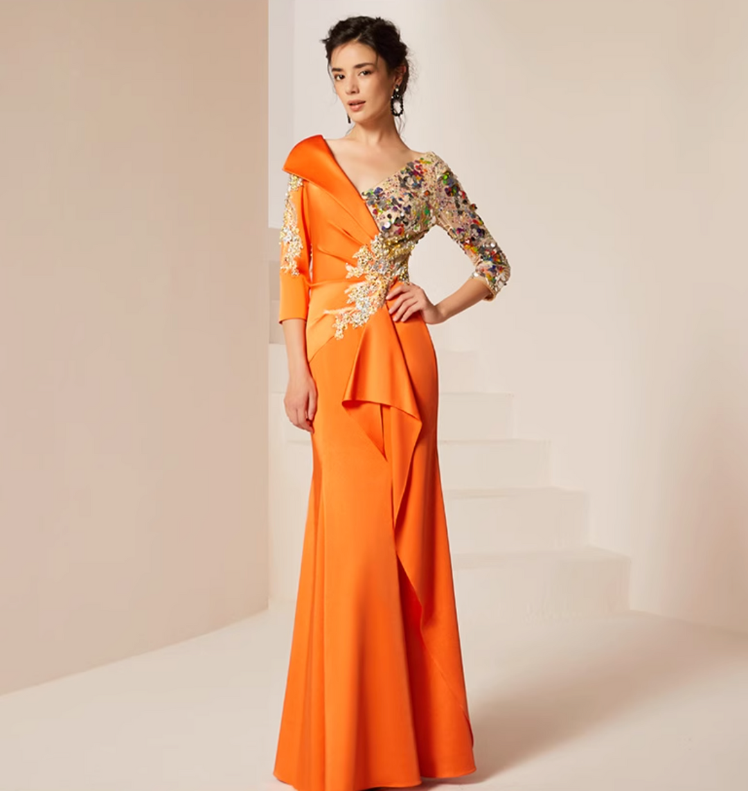 فستان مزخرف منسدل بفتحة رقبة غير متماثلة – غروب الشمس