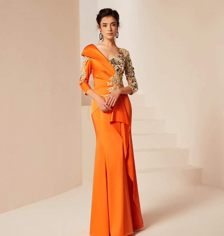 فستان مزخرف منسدل بفتحة رقبة غير متماثلة – غروب الشمس