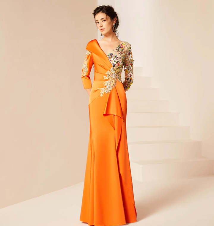 فستان مزخرف منسدل بفتحة رقبة غير متماثلة – غروب الشمس