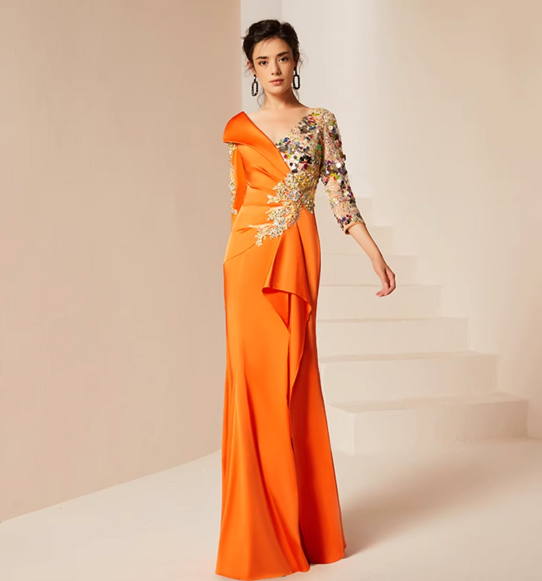 فستان مزخرف منسدل بفتحة رقبة غير متماثلة – غروب الشمس