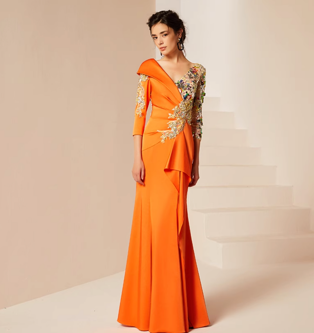 فستان مزخرف منسدل بفتحة رقبة غير متماثلة – غروب الشمس