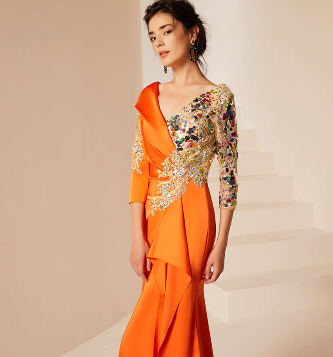 فستان مزخرف منسدل بفتحة رقبة غير متماثلة – غروب الشمس