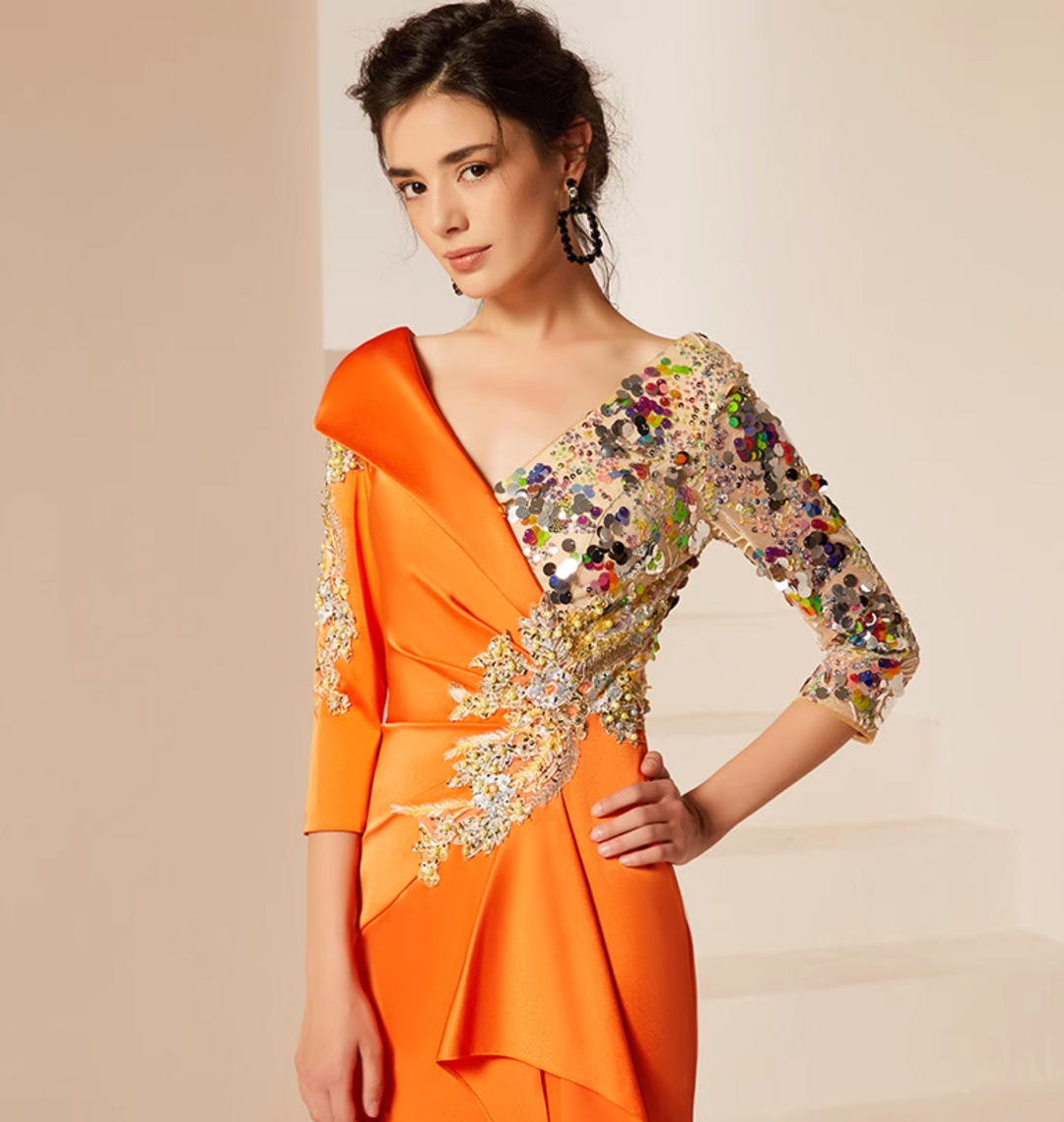 فستان مزخرف منسدل بفتحة رقبة غير متماثلة – غروب الشمس