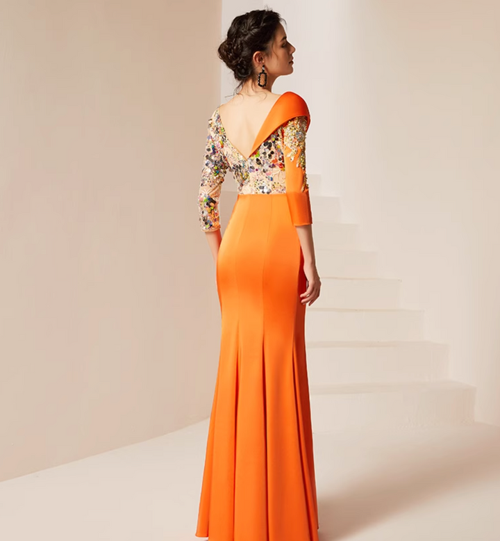 فستان مزخرف منسدل بفتحة رقبة غير متماثلة – غروب الشمس