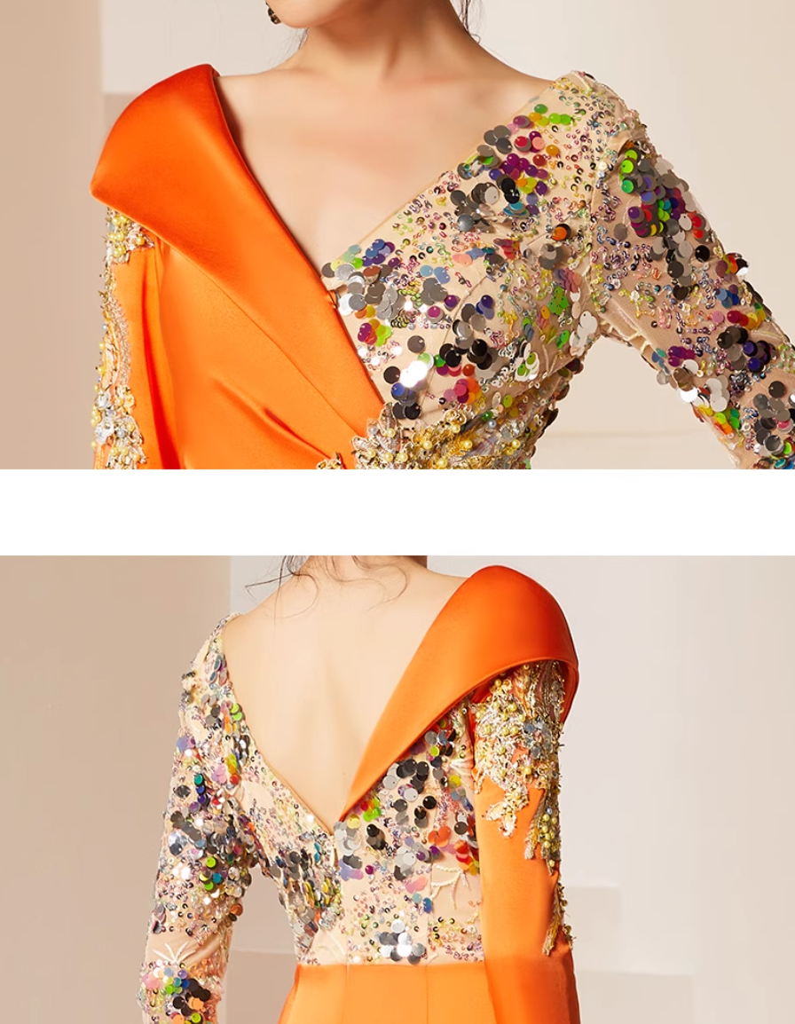 فستان مزخرف منسدل بفتحة رقبة غير متماثلة – غروب الشمس