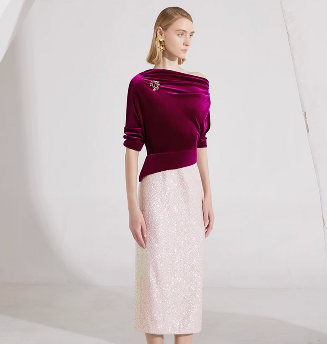 定制喇叭套装，配缎面泡泡袖 - VALENCIA 