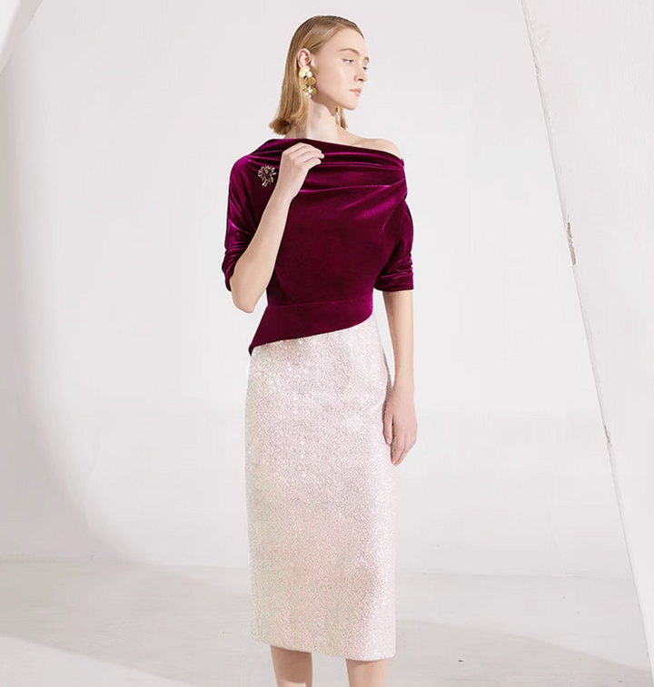 定制喇叭套装，配缎面泡泡袖 - VALENCIA 