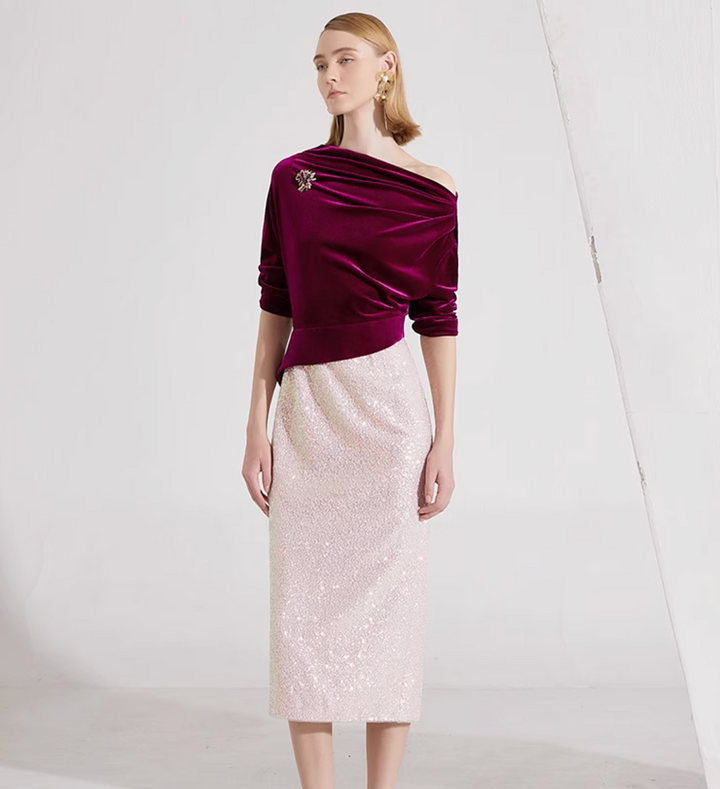 定制喇叭套装，配缎面泡泡袖 - VALENCIA 