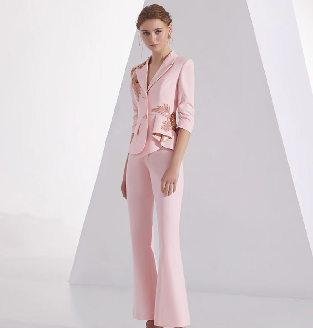 costume évasé sur mesure avec manches bouffantes en satin – VALENCIA 