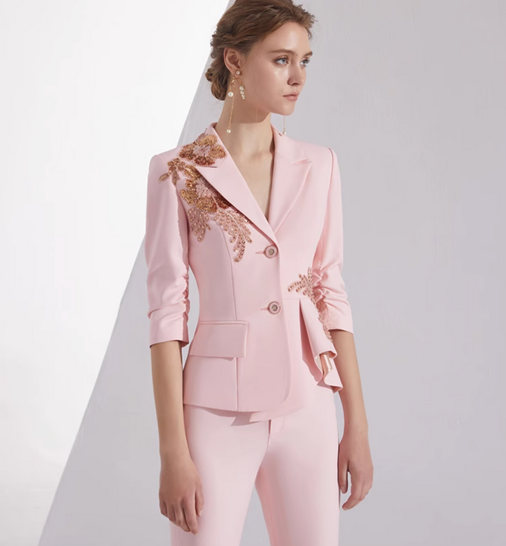 costume évasé sur mesure avec manches bouffantes en satin – VALENCIA 