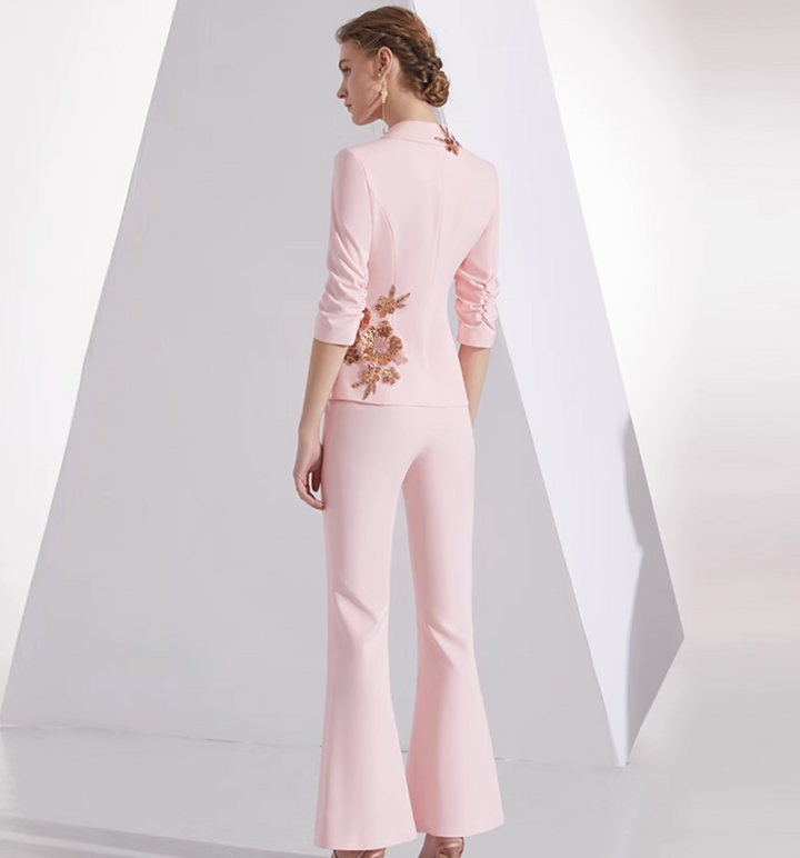 costume évasé sur mesure avec manches bouffantes en satin – VALENCIA 