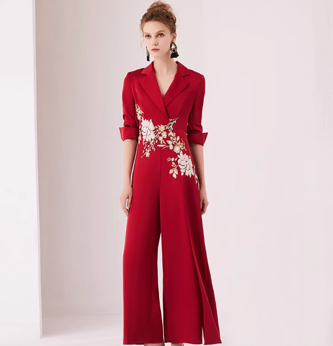 op maat gemaakte flare-pak met satijnen pofmouwen – VALENCIA 