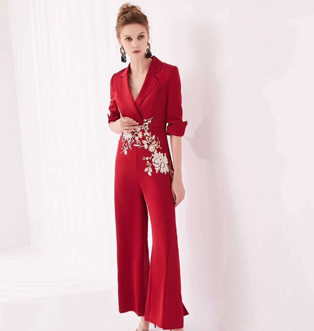 op maat gemaakte flare-pak met satijnen pofmouwen – VALENCIA 