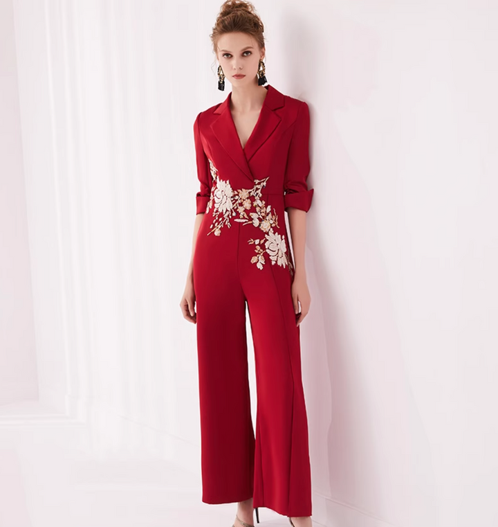 op maat gemaakte flare-pak met satijnen pofmouwen – VALENCIA 