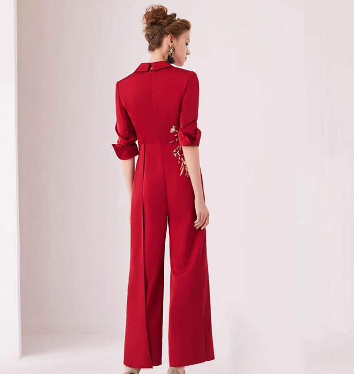 op maat gemaakte flare-pak met satijnen pofmouwen – VALENCIA 