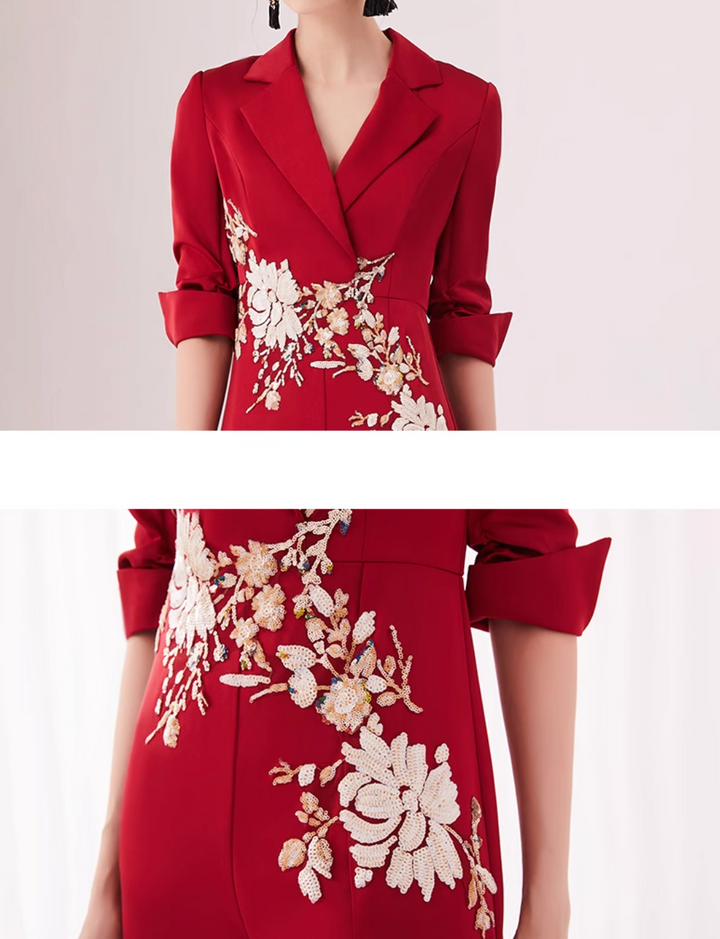 op maat gemaakte flare-pak met satijnen pofmouwen – VALENCIA 