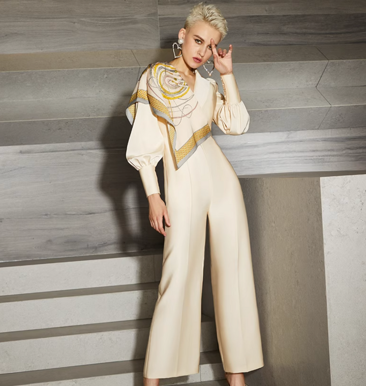 wide-leg jumpsuit with silk scarf detail – NOIR ET