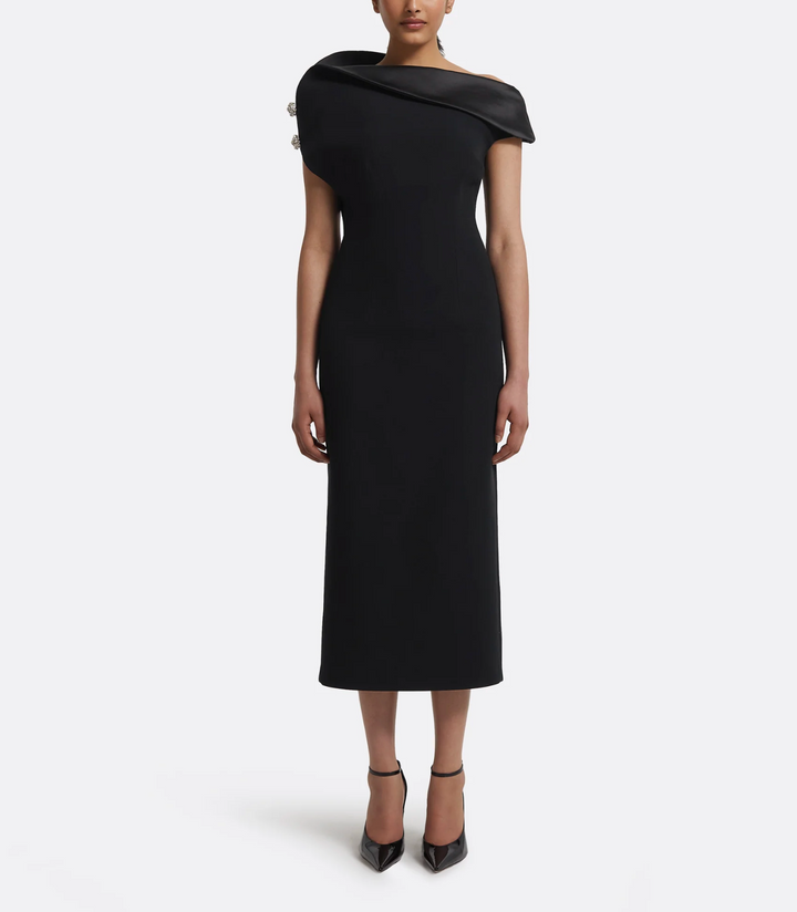asymmetric off-shoulder midi dress with satin fold – SERIIYE