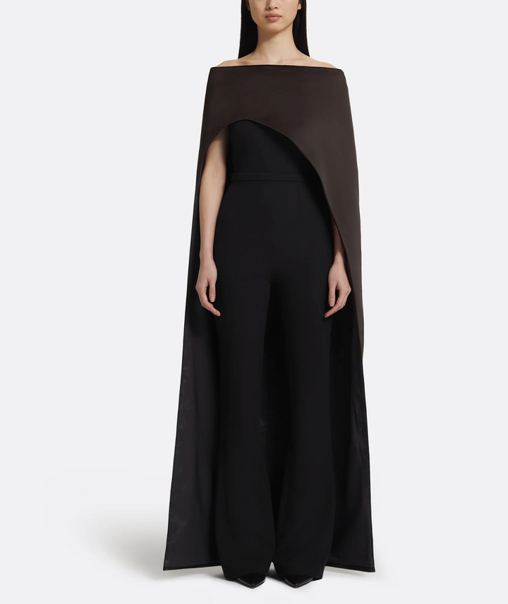 strapless jumpsuit with satin cape overlay – FALEIN