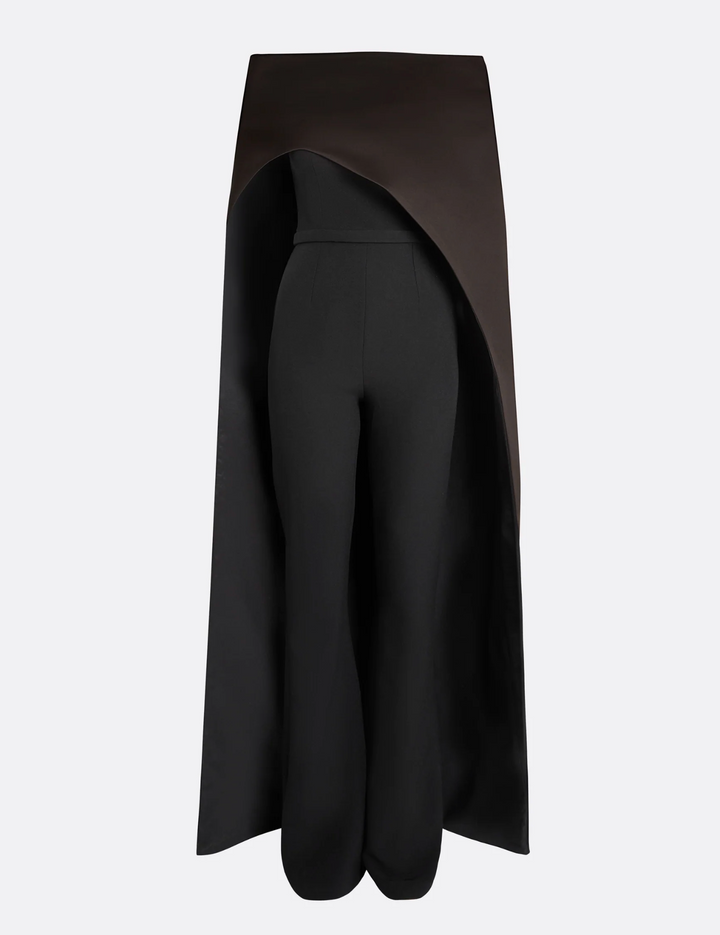 strapless jumpsuit with satin cape overlay – FALEIN